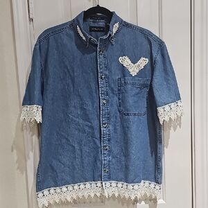 Ultra Club Vintage Blue Denim Shirt with Lace Trim Size M